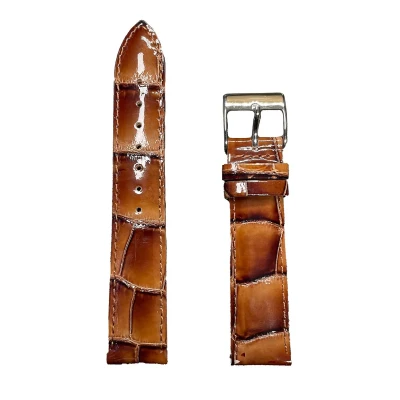 Afbeelding van Horlogeband Uitvoering 2 20mm Glans cognac Echt leer in croco print Roestvrijstalen gesp