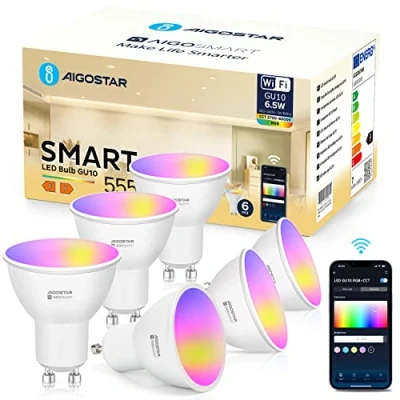 Afbeelding van Aigostar Wifi ledlamp GU10 Slimme gloeilamp 7W 555LM, Alexa gloeilampen RGB &amp; 2700K 6500K dimbare, verbonden, WiFi, compatibel met Google Home/Alexa, 6 stuks