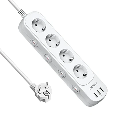 Afbeelding van JSVER USB stopcontact met 3 poorten en 4 stopcontacten enkele schakelaar, meervoudige verlenging (3680 W, 16 A), wandmontage, kabel 2 m, wit
