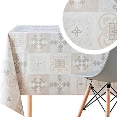 Afbeelding van Lissabon Tegels Marokkaans Patroon Vinyl tafelkleed Rechthoekig 200 x 140 cm 198 139,7 voor 6 zitplaatsen afwasbaar waterdicht kunststof PVC mozaïekwas in grijs met beige