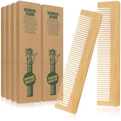 Afbeelding van COM FOUR® 10x bamboe haarkam houten kam fijngetande kapperskam handige en robuuste zakkam 13,5 cm (10 stuks naturel bruin)