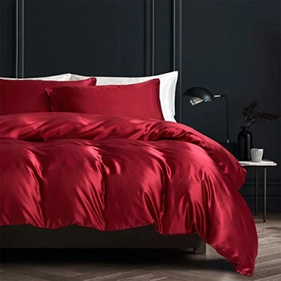 Afbeelding van Damier Beddengoed 135 x 200 cm rood wijnrood satijn dekbedovertrek set effen hoogwaardig luxe met ritssluiting en kussensloop 80