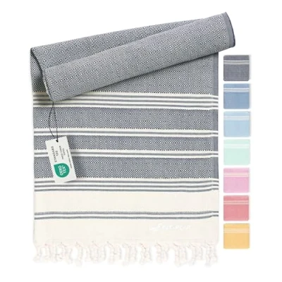 Afbeelding van Fit Flip Hamamdoek Strandhanddoek XXL van 100% gerecycled katoen sneldrogend strandlaken, fouta, pestemal Turkse handdoek ideaal als hamam saunahanddoek en sarong Marineblauw 100x200cm Diamond