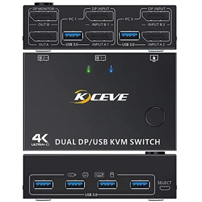 Afbeelding van DP KVM switch 2 computers monitoren, KCEVE twee monitoren displayport USB 3.0 schakelaar voor ondersteunt 4K @60Hz computers, officiële shop