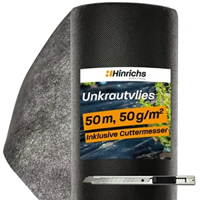 Afbeelding van Hinrichs Onkruidvlies 50m Tuinvlies tegen Onkruid Onkruidfolie voor Tuin 50g/m² Mulchvlies waterdoorlatend Bescherming Mollen Onkruidbeschermingsfolie