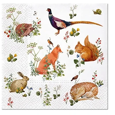 Afbeelding van 20 servetten mooie verzameling bosdieren vos eekhoorntje hert haas fazant egels dieren diermotief zomer herfst tafeldecoratie 33 x cm
