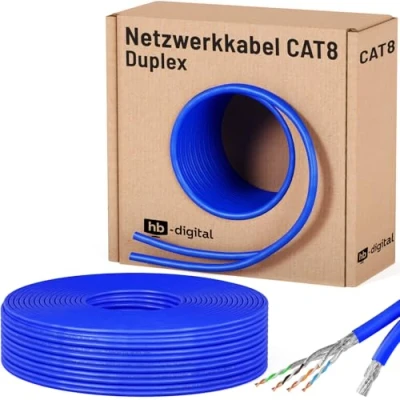 Afbeelding van HB DIGITAL 25m DUPLEX Cat 8.1 netwerkkabel, installatiekabel, datakabel, ethernet, LAN Cat.8, 40 Gbit/s, koper S/FTP 2000 MHz, PIMF LSZH Cat8, halogeenvrij, RoHS compliant AWG 22/1, blauw