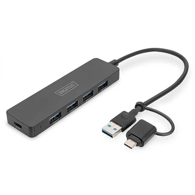 Afbeelding van DIGITUS Slim Line 4 poorts USB 3.0 Hub 4x A 1x C voedingsaansluiting tot 5 Gbps incl. naar adapter 0,2m snoerlengte zwart