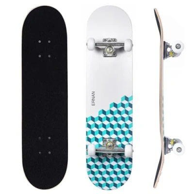 Afbeelding van ERNAN compleet skateboard voor beginners, 80 x 20 cm, skateboard, concaaf Double Kick Deck met 7 lagen volwassenen, jongens, meisjes (Ocean Plaid)