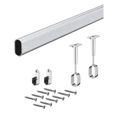 Afbeelding van Gedotec Kaststang ovaal kledingstang kastbuis lengte: 2000 mm 30 x 15 verchroomd staal 1 set incl. 2 stuks zijwand kastbuislager wandmontage &amp; middendrager voor plafondmontage
