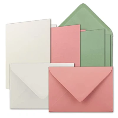 Afbeelding van 15x kaartenset DIN B6 natuurlijk wit oudroze eucalyptus vouwkaarten met enveloppen 3 kleuren 12 x 17 cm &amp; 12,5 17,5