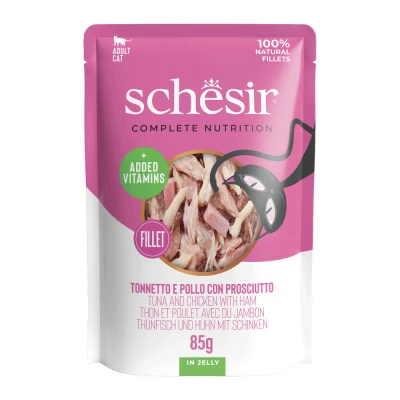 Afbeelding van Schesir Kattenvoer Tonijn Kip Ham in Gelei 85 gr