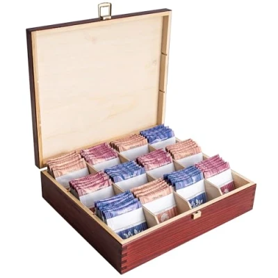 Afbeelding van Creative Deco Houten Theedoos Rood 12 Vakken 29 x 25 7,5 cm met Deksel Gelakt Hout