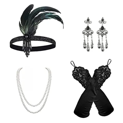 Afbeelding van VIKSAUN 5 delige set accessoires uit de jaren &#039;20, flapper Great Gatsby accessoires, modieuze roaring 20 thema set, hoofdband, hoofddeksel, lange zwarte handschoenen, ketting, oorbellen
