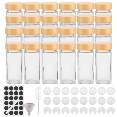 Afbeelding van Withosent 120ml kruidenpotjes set van 24 stuks, vierkante met bamboe deksel, kruidenstrooier schroefdop, glazen kruidencontainer, kruidenopslag sproeierinzet, etiketten