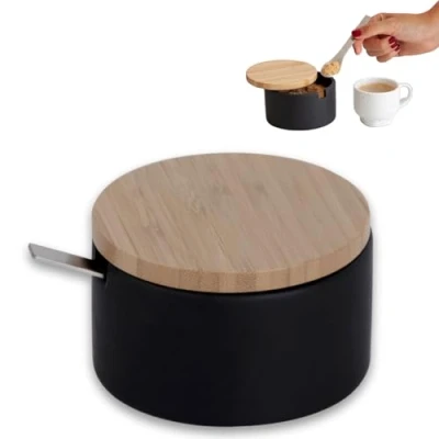 Afbeelding van KOOK TIME Originele suikerpot keramiek met deksel van bamboehout en lepel roestvrij staal ideaal als zoutvaatje afmetingen: 12,5 x 10 6,5 cm kleur: zwart