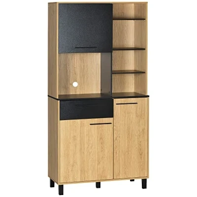 Afbeelding van HOMCOM Keukendressoir, keukenkast, meerdere vakken, met lade, 3 kasten, 4 nissen en kabeldoorvoer, hoogte 180 cm