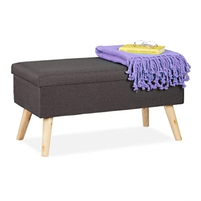 Afbeelding van Relaxdays hocker met opbergruimte, zachte halbank, modern, houten poten, stof, HBD: 39x77x39 cm, donkergrijs