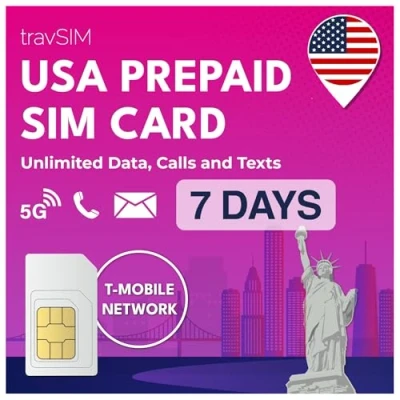 Afbeelding van travSIM USA SIM kaart (gebruikt het T Mobile net), 50 GB mobiele gegevens met 4G / 5G snelheden, simkaart voor de VS onbeperkte gesprekken en sms in VS, US 7 dagen geldig