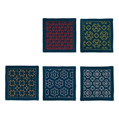Afbeelding van Olympus Thread Hitomezashi Sashiko borduurpakket onderzetters I marineblauw, 5 stuks bedrukt met dun garenstof
