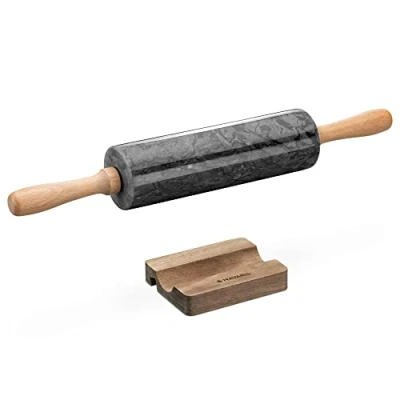 Afbeelding van Navaris zwart marmeren deegroller met standaard Houten handvatten Voor keuken, bakken, deeg en fondant Gemarmerd zwarte roller