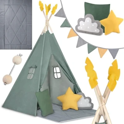 Afbeelding van Nukido Tipi Tent voor kinderen, groen met slinger, kussens, grote mat, stabilisator