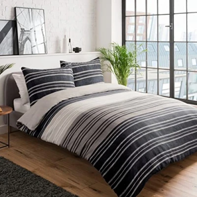 Afbeelding van Sleepdown Gestructureerde streep bruin Easy Care Soft Cosy Omkeerbaar Dekbedovertrek Quilt Beddengoed Set 200 cm x + 2 kussenslopen 80