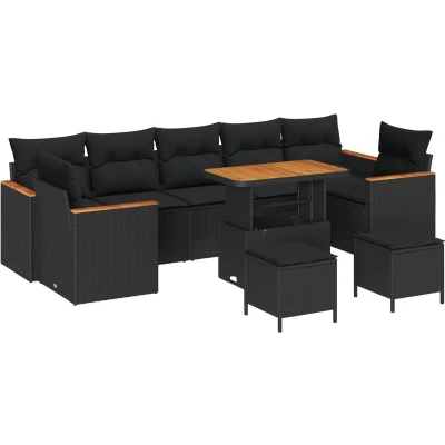 Afbeelding van vidaXL 10 delige Tuin Sofa Set met Kussens Zwart Poly Rattan Acacia, 3 Eet Acacia