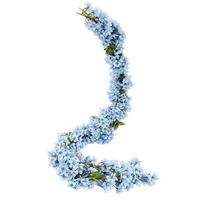 Afbeelding van JUSTOYOU Kunstmatige Sakura kersenbloesem, 2 stuks, 5,7 ft, hangende wijnstokken, namaak, oosterse kersenkrans, huistuin, feest, bruiloft, decoratie (blauw)