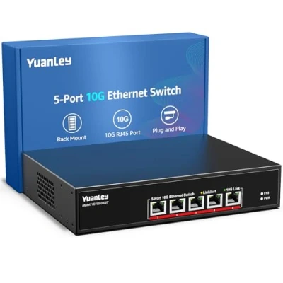 Afbeelding van YuanLey 5 Poorts 10G Ethernet Switch, x 10Gbps RJ45 Poorten, Ondersteuning 10G/5G/2.5G/1G/100M Speed Auto Negotiation, 100Gbps Schakelcapaciteit, Onbeheerde schakelaar Rackmountable, Gebruiksklaar