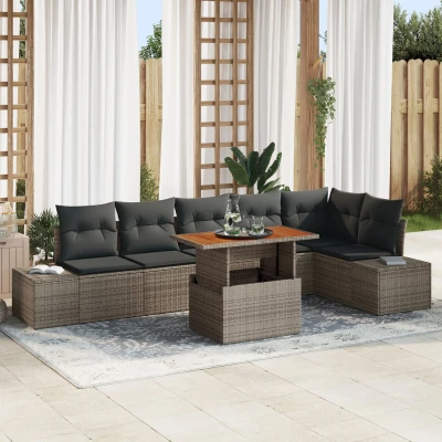 Afbeelding van vidaXL 7 Persoons Tuin Eetset met Kussens Grijs Poly Rattan Acacia