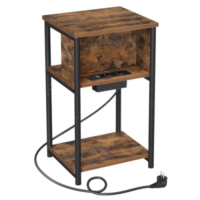Afbeelding van VASAGLE Bijzettafel, klein nachtkastje met stekkerdoos, dun, 2 AC stopcontacten, USB poorten, 30 x 34 58 cm, voor woonkamer, slaapkamer, rustiek bruin en zwart LET375B01
