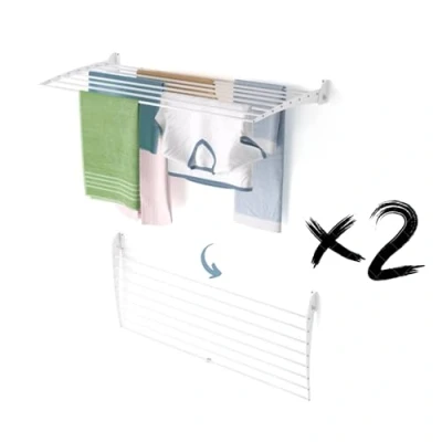 Afbeelding van foxydry Fold Droogrek voor wandmontage, verticaal, inklapbaar, binnen en buiten, van aluminium staal 118x50x50 cm (Wit Sluiting Naar Beneden, 2x 120)