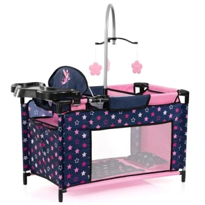 Afbeelding van Poppenbed met geïntegreerde kinderstoel, kastcompartiment, mobiel, kussen, dekbed, poppenaccessoires in blauw sterren