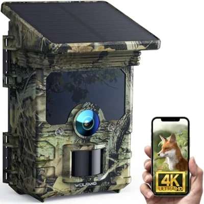 Afbeelding van WOLFANG Solar Wildlife Camera 4K 68MP, WiFi Bluetooth Trail met Nachtzicht Motion Activated 0.1s Trigger Time IP66 Waterdichte Game voor Monitoring U3 32GB Micro SD kaart