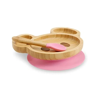 Afbeelding van BIOZOYG Bordenset van bamboe, muis, zuignapbord met lepel, FSC gecertificeerd, schattig, set bamboe houten kommen voor kinderen, bord kleine babyservies, roze