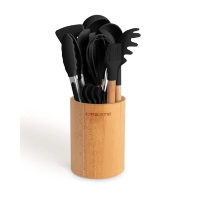 Afbeelding van CREATE Bestekset, zwart en hout, 11 delig, siliconen beukenhout, BPA vrij, hittebestendig tot 230 C