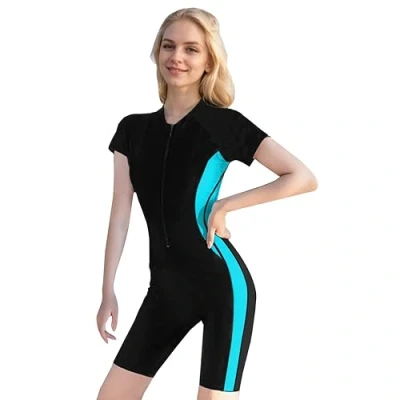Afbeelding van BOMBIKINI Zwemkleding Dames Boyleg One Piece Zwempak voor vrouwen met korte mouwen en ritssluiting aan de voorkan,62 blauw zwart,L