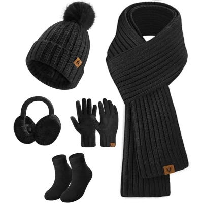 Afbeelding van Gebreide muts en sjaal set 5 stuks ski uitje winter pluche oorwarmers warme lange beanie touchscreen handschoenen vrouwen thermische sokken voor skiën hoed outdoor sport