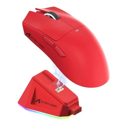 Afbeelding van ATTACK SHARK X11 gamingmuis met magnetisch oplaaddock, PixArt PAW3311 gaming Sensor, BT/2.4G draadloos/bekabelde muis, 22000 DPI, Office Mice Gamer voor Win11/Xbox/PS/Mac (rood)