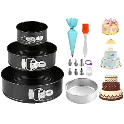 Afbeelding van Springvorm Cakevorm Set (4&quot;/7&quot;/9), Rond Kuchenform Bakplaten met Verwijderbare Bodem &amp;1 Pcs Bloem Zeef, Pijpzakken en Nozzles 9 Pcs,1 Olieborstel