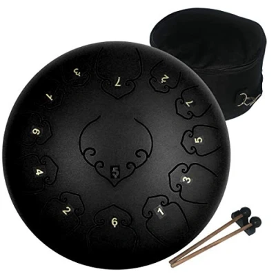 Afbeelding van Amkoskr Tongtrommel 12 Inch 30 cm Stalen Tong Drum C Sleutel 13 Notities Percussie Instrument Hand pan met Hamers/Draagtas (Zwart)