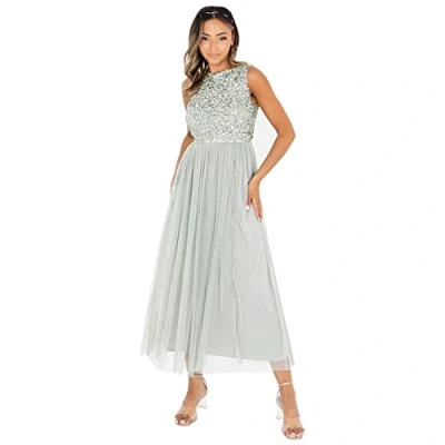 Afbeelding van Maya Deluxe Vrouwen Midaxi Jurk Dames Mouwloze Pailletten Hoge Empire Taille Tule Versierd voor Bruiloft Gast Bal Bruidsmeisje, Groene Lelie, 42