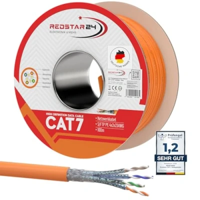 Afbeelding van RedStar24 CAT 7 Netwerkkabel 100m Datakabel Installatiekabel LAN CAT7 Kabel Koper Cat.7 Gigabit S/FTP Halogeenvrij PIMF POE 10Gbit Netwerk Bekabeling Ethernet