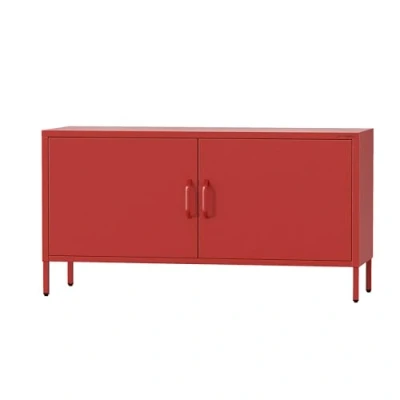 Afbeelding van Jan Nowak tv kast, kast van metaal, roze, glinsterend meubel voor woonkamer, slaapkamer, industriële loft stijl, televisietafel met deuren en opbergruimte, 115 x 59,5 40 cm, rood