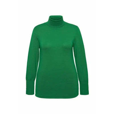Afbeelding van Ulla Popken Rollkragen ZIERKNÖPFE Langarm Trui, Dames, Maat: 50/52, Emerald green