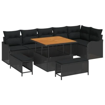 Afbeelding van vidaXL 9 delige tuinsofa set met kussens zwart poly rattan acacia, 2 zits rattan, 3 tuin eettafel acacia