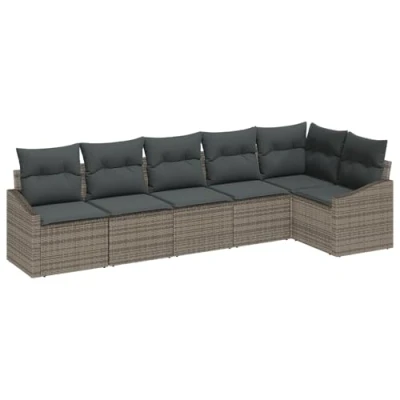 Afbeelding van vidaXL 6 delige Tuin Eetset met Kussens Grijs Poly Rattan