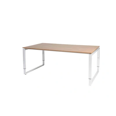 Afbeelding van Domino Plus vergadertafel, hoogte instelbaar (62 85cm) met 180x100cm &#039;zwevend&#039; havana/ kersen licht 25mm blad en wit (RAL9010) O poot frame