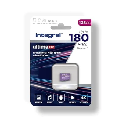 Afbeelding van Integral 128 GB Micro SD kaart 4K video leessnelheid 180 MB/s en schrijfsnelheid 150 MicroSDXC A2 C10 U3 UHS I V30 Onze snelste High Speed geheugenkaart